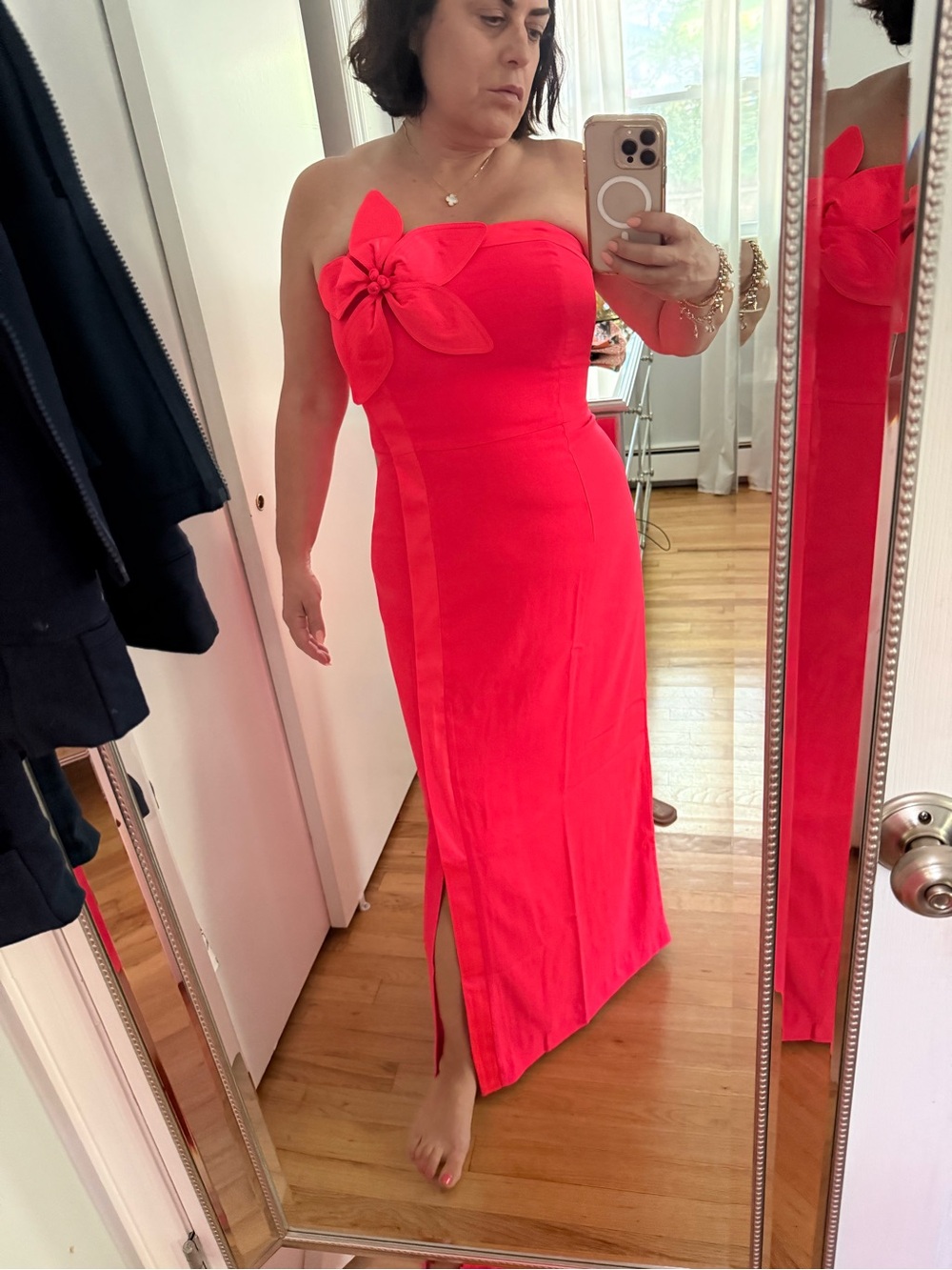 Lilly Pulitzer Strapless Coral-Red Maxi Dress with Floral Bow